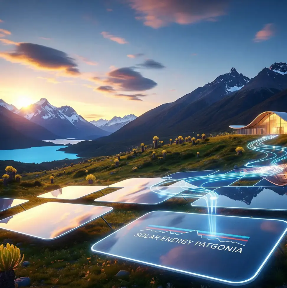 Paneles solares en el prístino paisaje montañoso de Patagonia